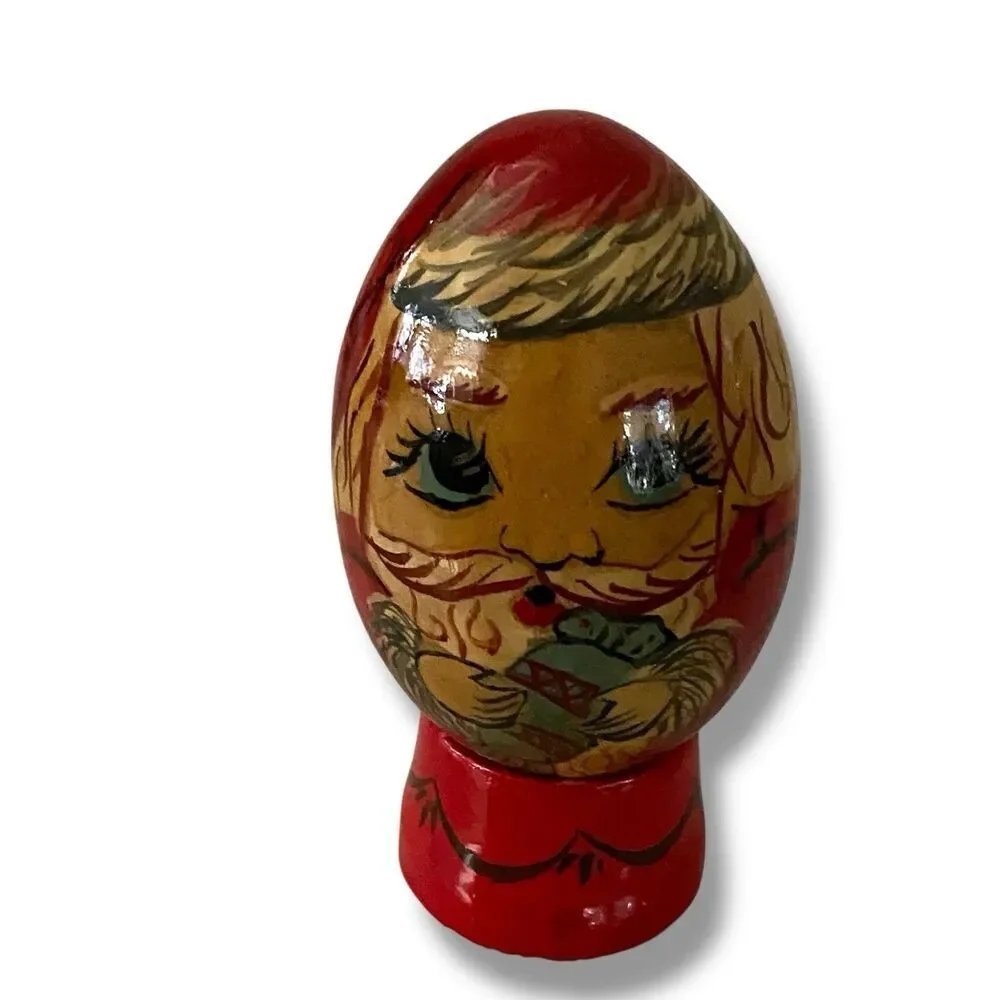 Vintage Hand Painted Wood Egg Folk Art Santa Claus St Nikolas European Set of 3